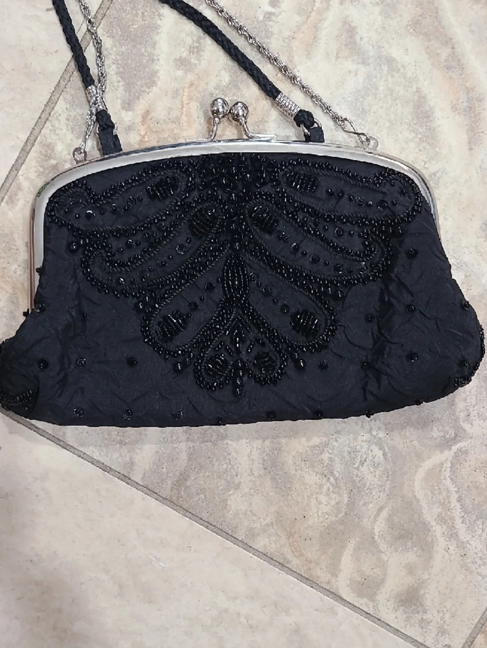 Black Beaded Evening Clutch with Chain Strap
